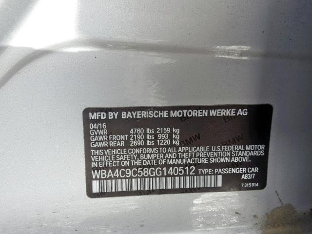 WBA4C9C58GG140512 - 2016 BMW 428 XI SILVER photo 10