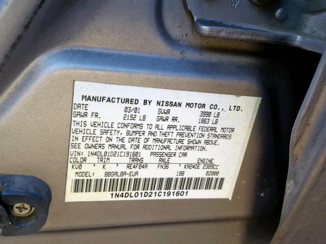 1N4DL01D21C191601 - 2001 NISSAN ALTIMA XE GRAY photo 10