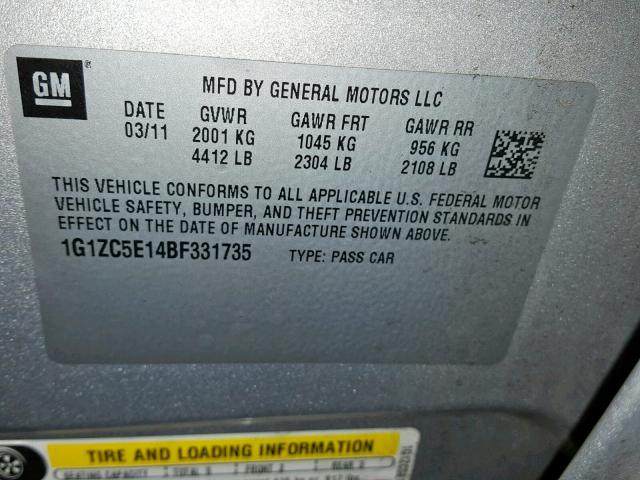 1G1ZC5E14BF331735 - 2011 CHEVROLET MALIBU 1LT SILVER photo 10