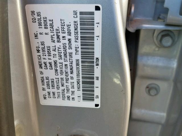 1HGCM56186A093806 - 2006 HONDA ACCORD VAL SILVER photo 10