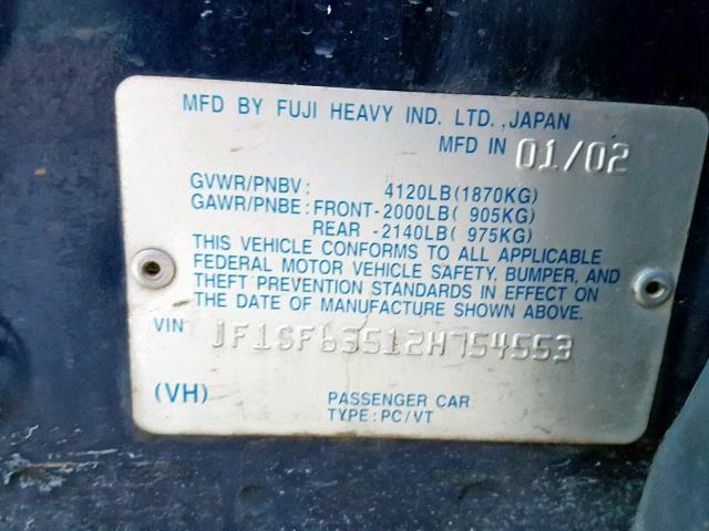 JF1SF63512H754553 - 2002 SUBARU FORESTER L BLUE photo 10