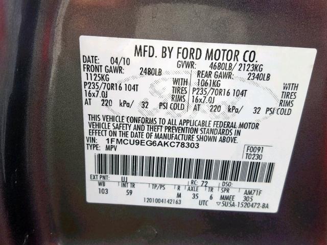 1FMCU9EG6AKC78303 - 2010 FORD ESCAPE LIM CHARCOAL photo 10