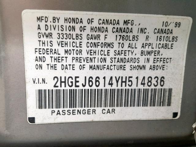 2HGEJ6614YH514836 - 2000 HONDA CIVIC BASE SILVER photo 10