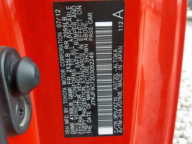 JTKJF5C72D3052249 - 2013 TOYOTA SCION TC 红色 照片 10