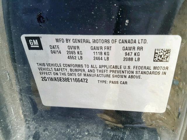 2G1WA5E38E1166472 - 2014 CHEVROLET IMPALA LIM BLACK photo 10