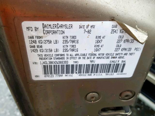 1J4GL38KX2W366393 - 2002 JEEP LIBERTY RE GOLD photo 10