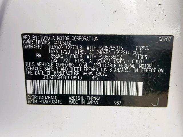 JTLKE50E081018513 - 2008 TOYOTA SCION XB Ақ фото 10