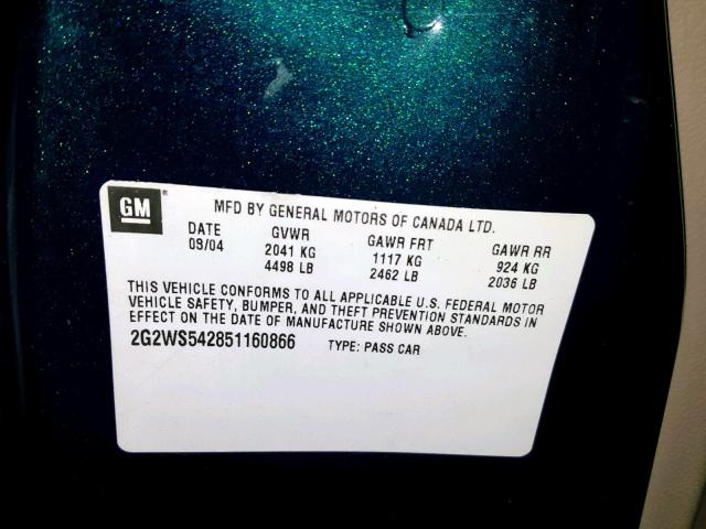 2G2WS542851160866 - 2005 PONTIAC GRAND PRIX TEAL photo 10