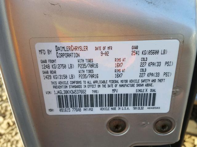 1J4GL38KX3W537662 - 2003 JEEP LIBERTY RE SILVER photo 10