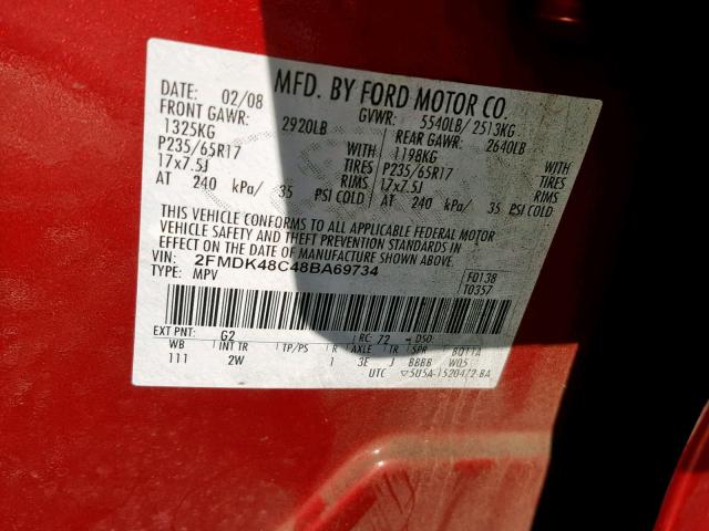 2FMDK48C48BA69734 - 2008 FORD EDGE SEL RED photo 10