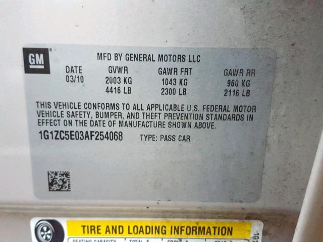 1G1ZC5E03AF254068 - 2010 CHEVROLET MALIBU 1LT 金色 照片 10