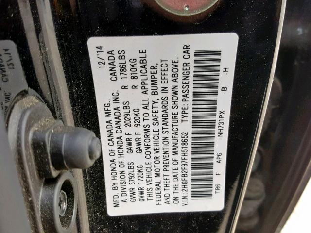 2HGFB2F97FH518652 - 2015 HONDA CIVIC EXL BLACK photo 10