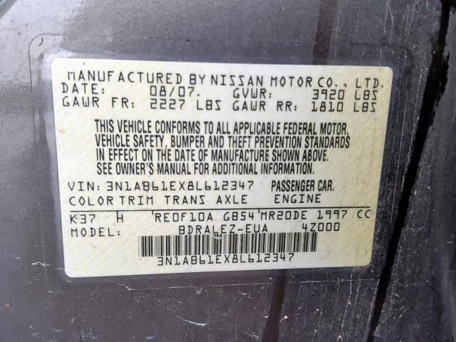 3N1AB61EX8L612347 - 2008 NISSAN SENTRA 2.0 BROWN photo 10