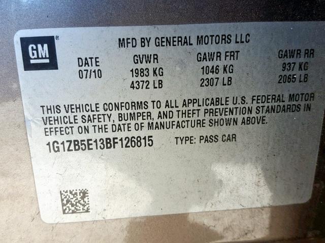 1G1ZB5E13BF126815 - 2011 CHEVROLET MALIBU LS ყავისფერი ფოტო 10