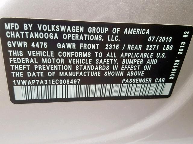 1VWAP7A31EC008497 - 2014 VOLKSWAGEN PASSAT S SILVER photo 10