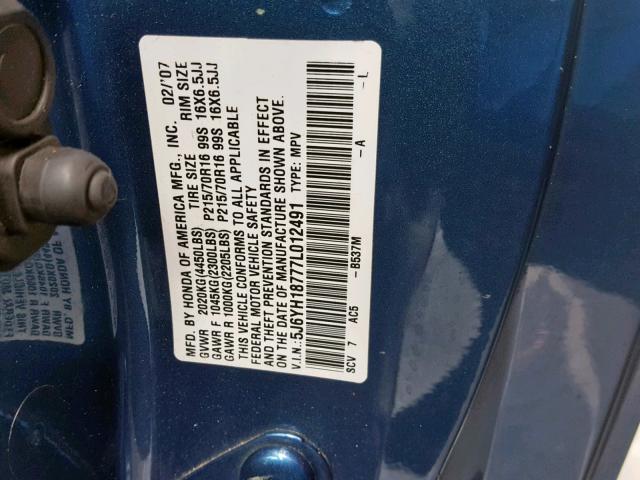 5J6YH18777L012491 - 2007 HONDA ELEMENT EX BLUE photo 10