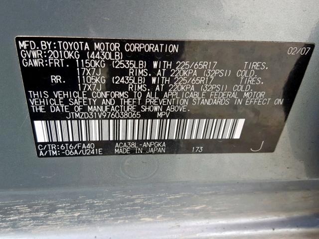 JTMZD31V976038065 - 2007 TOYOTA RAV4 LIMIT GREEN photo 10