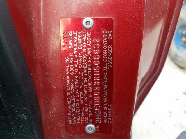 2HGED6458KH506632 - 1989 HONDA CIVIC DX  photo 10