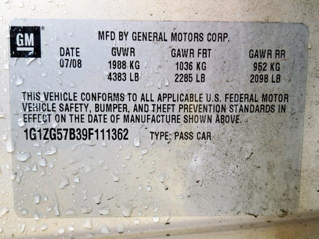 1G1ZG57B39F111362 - 2009 CHEVROLET MALIBU LS თაფლისფერი ფოტო 10