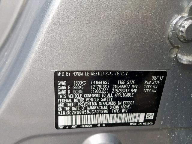 3CZRU6H58JG701990 - 2018 HONDA HR-V EX SILVER photo 10