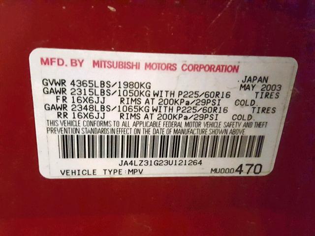 JA4LZ31G23U121264 - 2003 MITSUBISHI OUTLANDER BURGUNDY photo 10