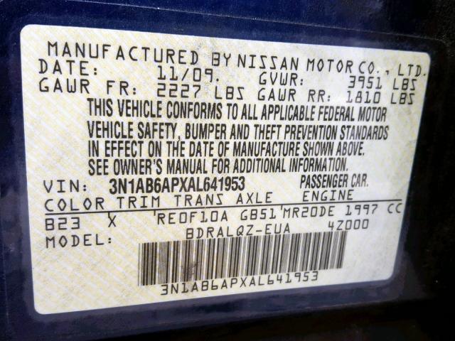 3N1AB6APXAL641953 - 2010 NISSAN SENTRA 2.0 BLUE photo 10