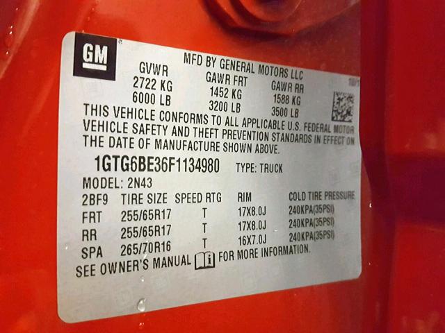 1GTG6BE36F1134980 - 2015 GMC CANYON SLE RED photo 10
