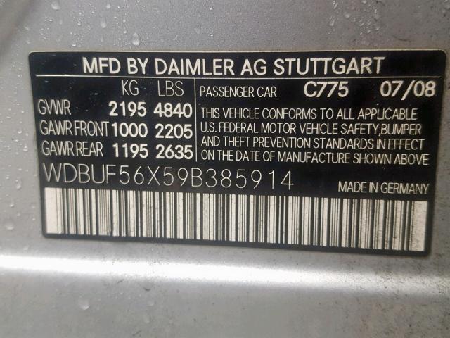 WDBUF56X59B385914 - 2009 MERCEDES-BENZ E 350 SILVER photo 10