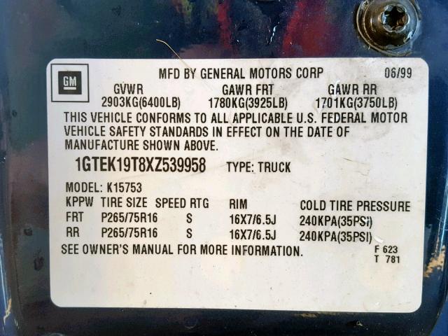 1GTEK19T8XZ539958 - 1999 GMC NEW SIERRA BLUE photo 10