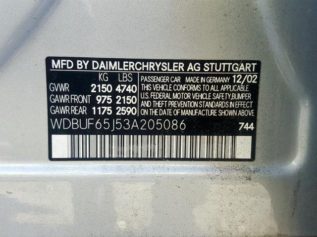 WDBUF65J53A205086 - 2003 MERCEDES-BENZ E 320 SILVER photo 10