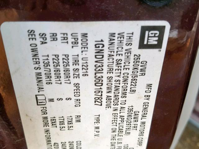 1GNDV33L36D167827 - 2006 CHEVROLET UPLANDER L 勃艮第红 照片 10