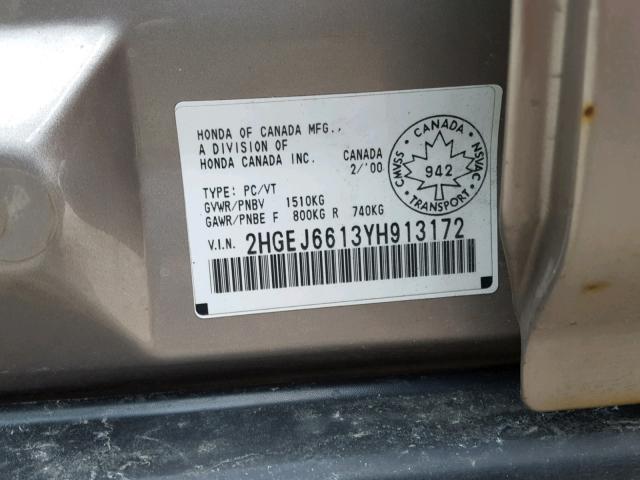 2HGEJ6613YH913172 - 2000 HONDA CIVIC BASE BROWN photo 10