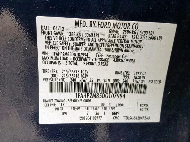 1FAHP2M85DG107994 - 2013 FORD TAURUS POL BLUE photo 10