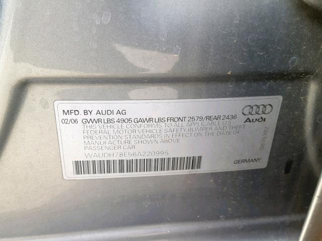 WAUDH78E56A220995 - 2006 AUDI A4 3.2 QUA GRAY photo 10