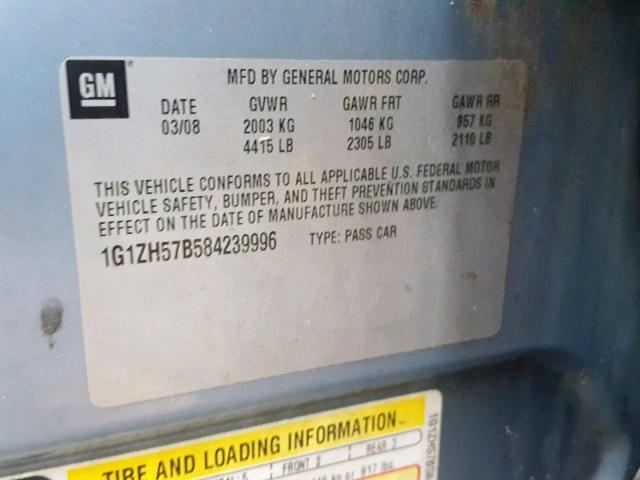 1G1ZH57B584239996 - 2008 CHEVROLET MALIBU 1LT BLUE photo 10