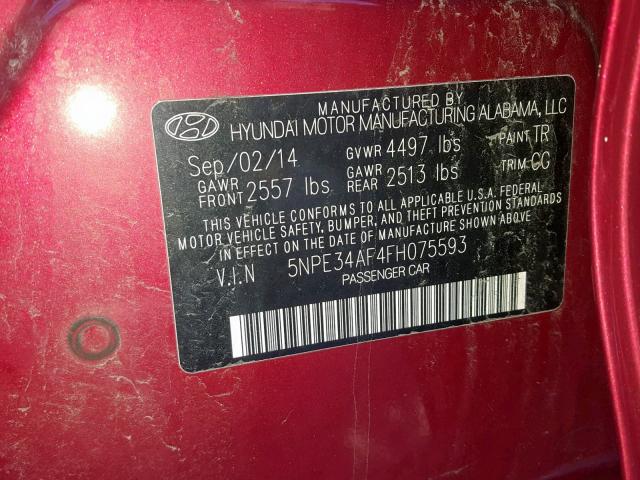 5NPE34AF4FH075593 - 2015 HYUNDAI SONATA SPO RED photo 10