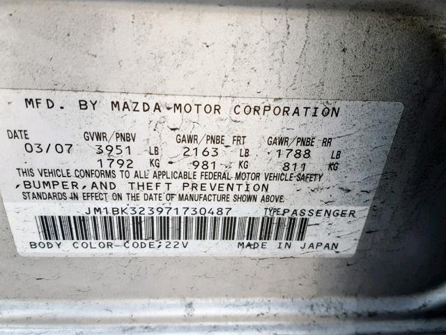 JM1BK323971730487 - 2007 MAZDA 3 S SILVER photo 10