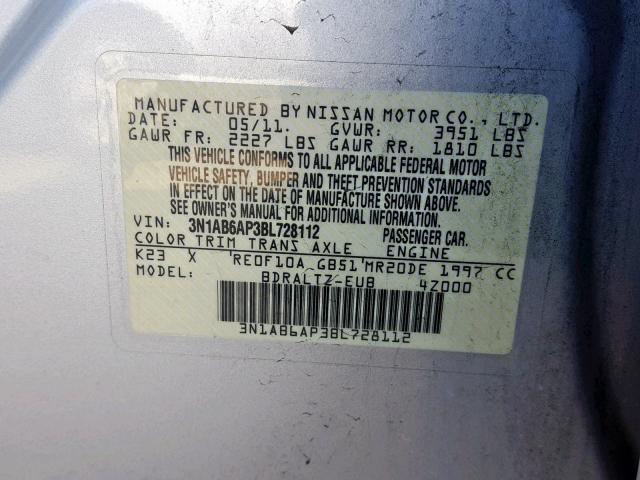 3N1AB6AP3BL728112 - 2011 NISSAN SENTRA 2.0 SILVER photo 10