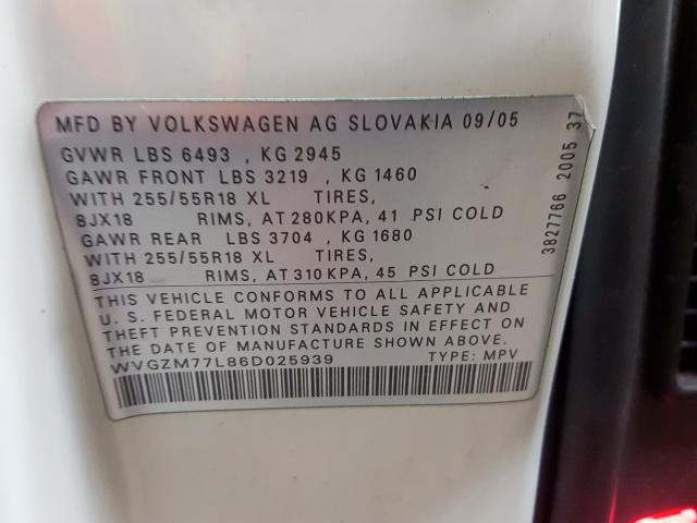 WVGZM77L86D025939 - 2006 VOLKSWAGEN TOUAREG 4. WHITE photo 10