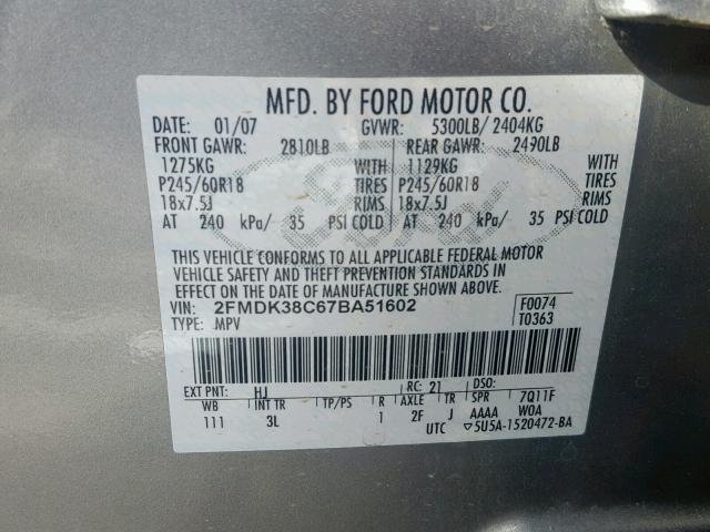 2FMDK38C67BA51602 - 2007 FORD EDGE SEL SILVER photo 10