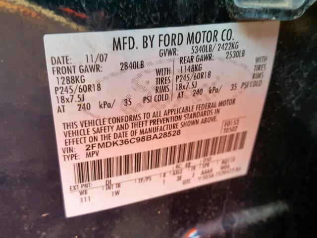 2FMDK36C98BA28528 - 2008 FORD EDGE SE BLUE photo 10