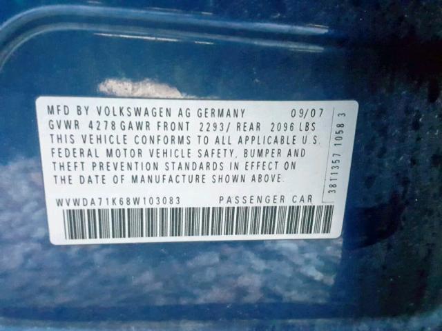 WVWDA71K68W103083 - 2008 VOLKSWAGEN RABBIT BLUE photo 10