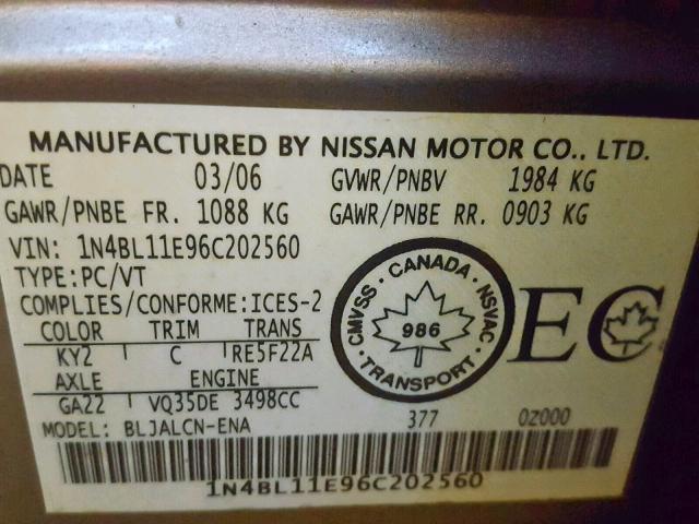 1N4BL11E96C202560 - 2006 NISSAN ALTIMA SE BROWN photo 10