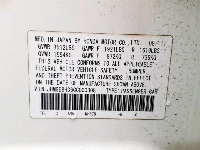 JHMGE8H36CC000308 - 2012 HONDA FIT WHITE photo 10