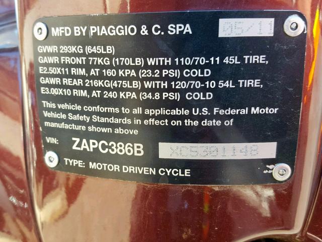 ZAPC386BXC5301148 - 2012 VESPA LX 50 MAROON photo 10