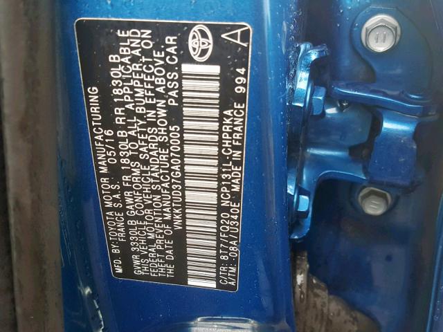 VNKKTUD37GA070005 - 2016 TOYOTA YARIS L BLUE photo 10