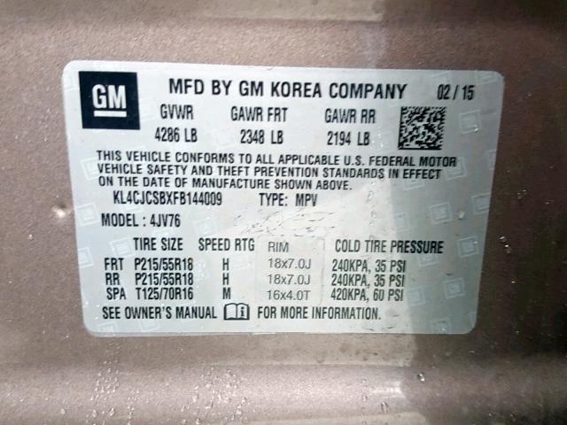 KL4CJCSBXFB144009 - 2015 BUICK ENCORE TAN photo 10