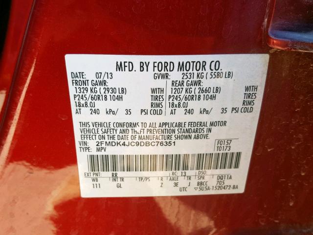 2FMDK4JC9DBC76351 - 2013 FORD EDGE SEL RED photo 10