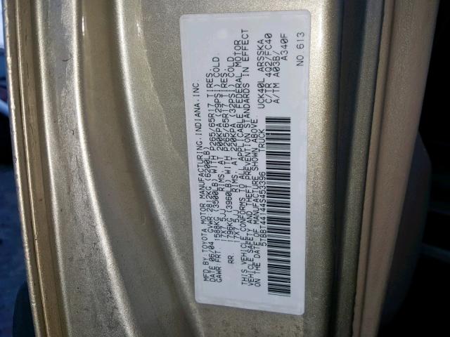 5TBBT44144S453396 - 2004 TOYOTA TUNDRA ACC GOLD photo 10