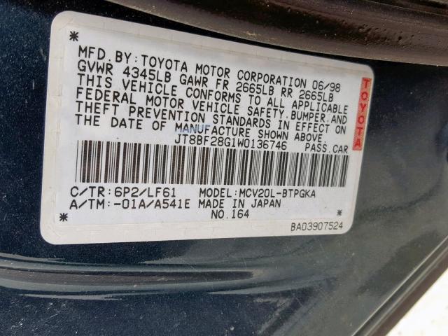 JT8BF28G1W0136746 - 1998 LEXUS ES 300 GREEN photo 10